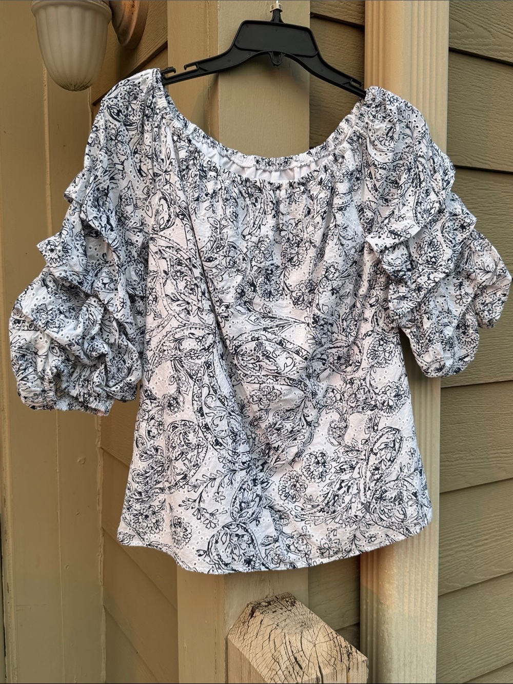 White & Navy Eyelet Cotton Paisley Off-Shoulder Ruffle Sleeve Top